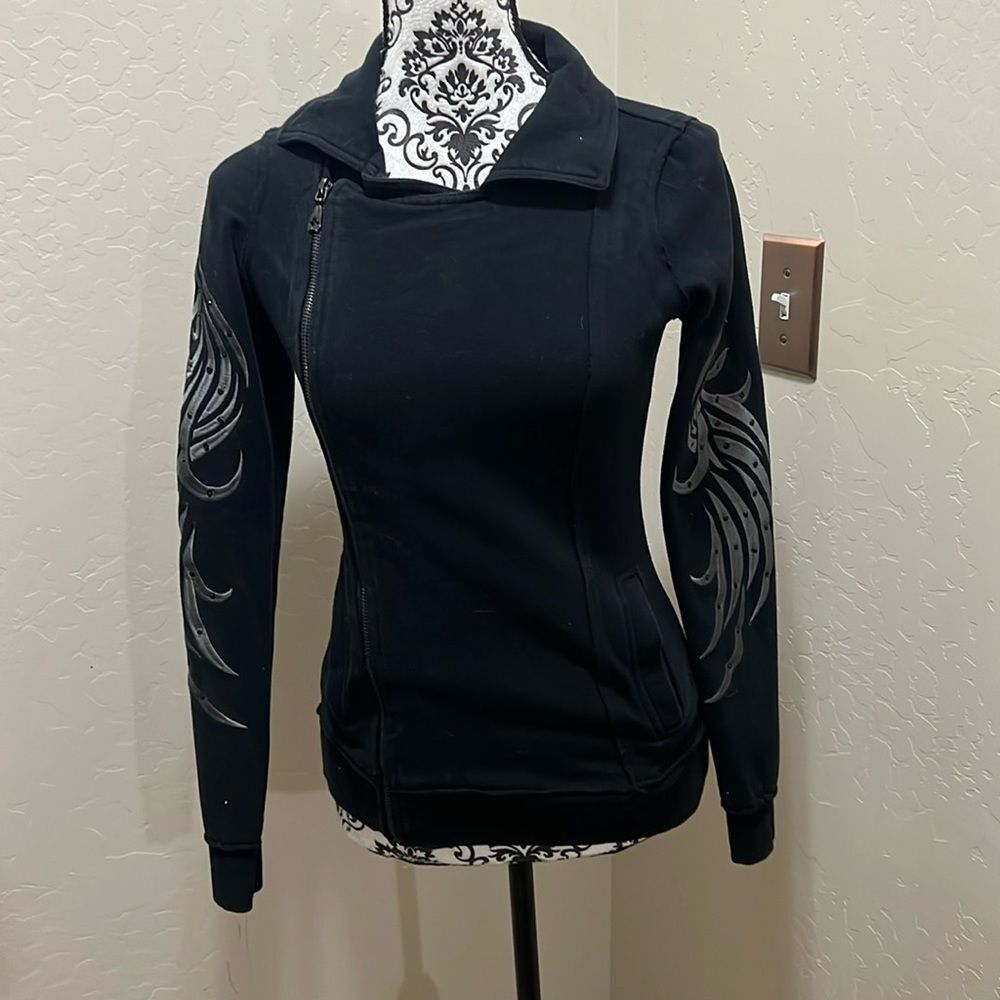 Sinful Moto Jacket Full Zip Embellished Graphic Black‎ Jacket Size Small